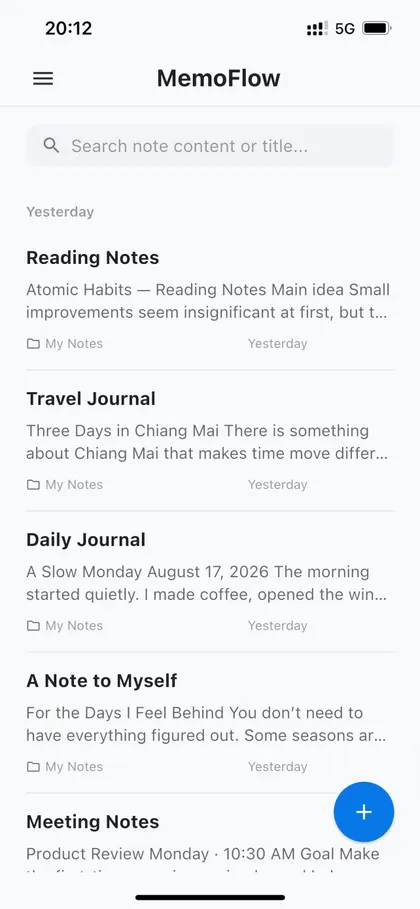 iPhone app screenshot in English: The MemoFlow note list showing reading notes, journals, and meeting notes