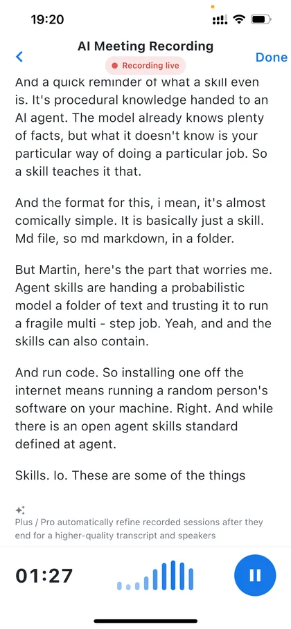 iPhone app screenshot in English: MemoFlow transcribing a meeting recording in real time