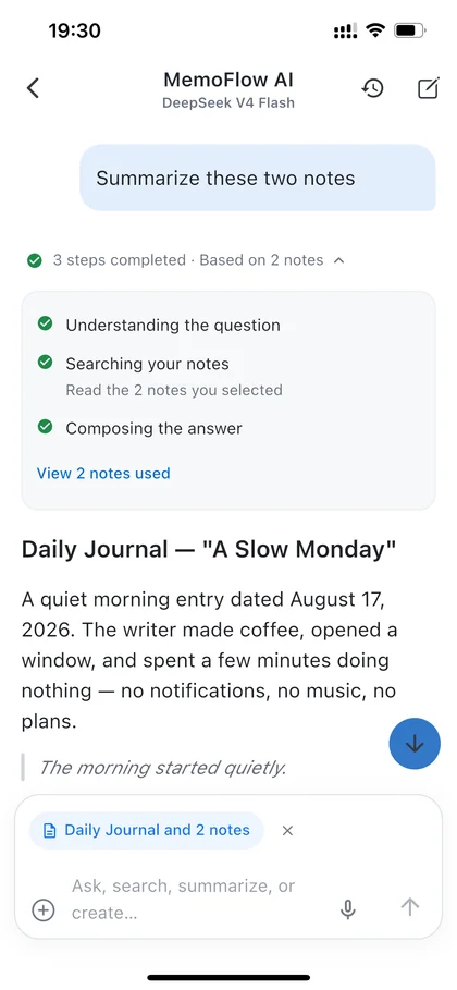 iPhone app screenshot in English: Ask your notes, then keep the useful result