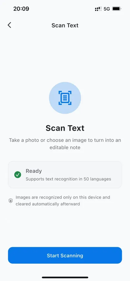 iPhone app screenshot in English: MemoFlow recognizing text from a photo and turning it into a note